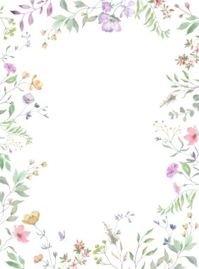  Resimli çiçekli suluboya çerçeve, okaliptüs yaprakları, kır çiçekleri, otlar. El çizimi çiçek çizimi. Vektör EPS.