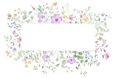  Resimli çiçekli suluboya çerçeve, okaliptüs yaprakları, kır çiçekleri, otlar. El çizimi çiçek çizimi. Vektör EPS.