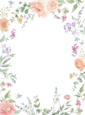  Resimli kır çiçekleri, güller, okaliptüs yaprakları ve bitkilerle suluboya çerçeve. El çizimi çiçek çizimi. Vektör EPS.