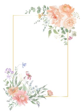  Boyalı çiçekli suluboya çerçeve, okaliptüs yaprakları, kır çiçekleri, otlar, altın çizgiler. El çizimi çiçek çizimi. Vektör EPS.