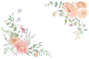 Kirli güllerle suluboya çerçeve, okaliptüs yaprakları, bitkiler. Düğün için botanik kompozisyonu, tebrik kartı. El çizimi çizimi. Vektör EPS.