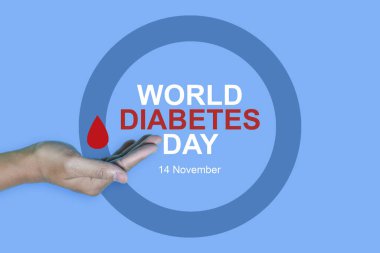 Yazıtlara göre dünya çapında diyabet gün boyu ve el hareketleriyle, mavi arka planda kırmızı kan damlaları bırakılır. Dünya Diyabet Günü, 14 Kasım. Boşluğu kopyala., Sağlık Bilinci