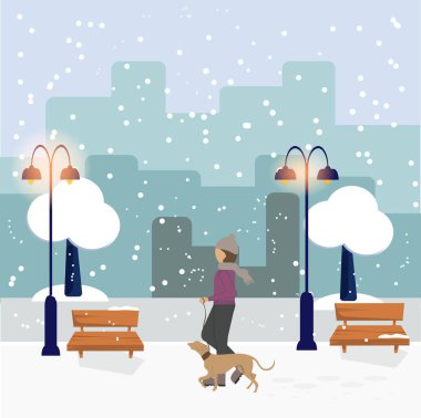 Kız ve köpekle kışın şehir