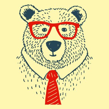Gözlüklü ve kravatlı ayı tişörtte baskı için, Vintage Vector illüstrasyonunda, gözlüklü hippi beyaz ayısı, Kravat ve Gözlüklü Ayının El Çizimi Görünümü