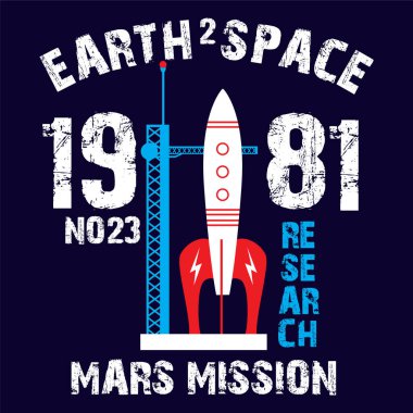 Dünya 'dan Mars' a görev roketi uzayda uçarak Kızıl Gezegen Mars 'ta kolonileşmeyi keşfetti. Moda baskısı t-shirt sweatshirt poster çıkartması yama işlemeli grafik tasarımı.