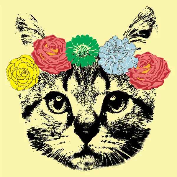 Gato Con Flores Cabeza — Vector de stock