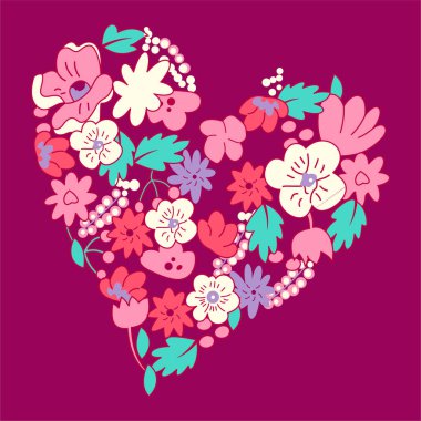 Baskı için klasik botanik çiçek desenli vektör şablonu, izole edilmiş çiçekli çiçek kalbi, bitkiler ve yapraklar, çiçek kalbi. Elle çizilmiş çiçekli buket kompozisyonu.