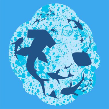 Balıklarla, deniz bitkileriyle ve resiflerle okyanus altı arka planı. Tişört sürüsü baskısı için vektör grafikleri çizimi