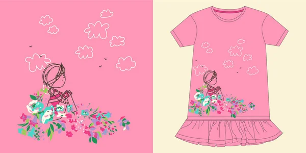 Mädchen Mit Blumen Mit Wolken Vektorgrafik Illustration Für Shirt Girlish — Stockvektor
