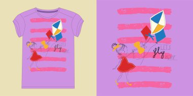 Sevimli kız çizgi filmi el çizimi vektör çizimi. Bebek tişörtü baskısı, moda baskısı tasarımı, çocuk giyimi, Uçurtma Kız tişörtü çizimi için kullanılabilir