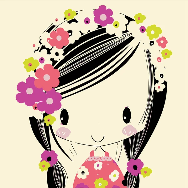 Hübsches Kleines Mädchenporträt Mit Schönen Blumen Auf Dem Kopf Grafische — Stockvektor