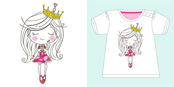 Handgezeichnete Schöne Süße Kleine Prinzessin Mädchen Mit Krone Graphic Vector — Stockvektor