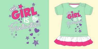 Bu kız, kızlar için tişört baskısı için harika bir vektör grafik tasviri. Çiçekli ve şirin ikonlar resimli renkli fantastik slogan.