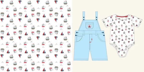 Yacht Nautical Nahtlose Muster Vektor Set Für Bekleidungsdruck Flache Cartoon — Stockvektor