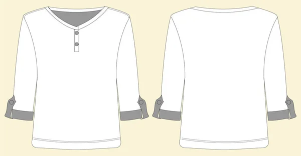 女の子Henley Vネックトップシャツ付きプラケット袖口フラットスケッチ技術図面テンプレートデザインベクトル — ストックベクタ