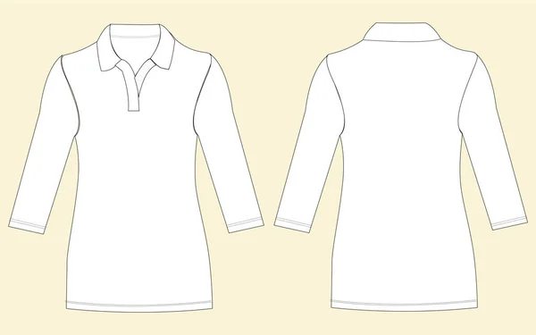襟シャツのドレステンプレートの前面と背面のビューを下に長い袖ボタン — ストックベクタ