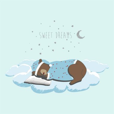 Bulutta uyuyan sevimli ayı. Ayı resimli çocuksu tatlı bir rüya. Tişörtte, posterde, bebek odası dekorasyonunda, kıyafet tasarımında mükemmel görünüyor. Çocuk Vektörü İllüstrasyonu