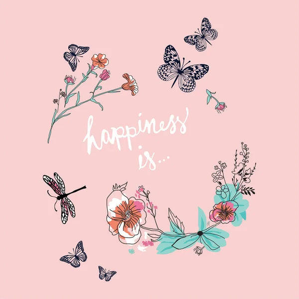Schmetterlinge Und Libellen Und Gänseblümchen Positives Zitat Blumendesign Margarita Mariposa — Stockvektor