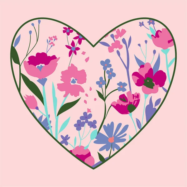 Floral Heart Decorative Plants Flowers Vector Graphic Illustration Print — Stock Vector