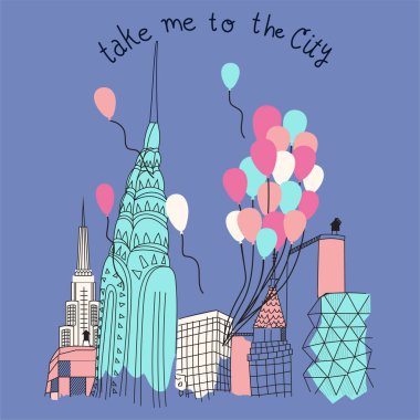 Hoş şehir, binalar, sokaklar ve balonlar içeren vektör dosyası baskılar için grafik illüstrasyon 