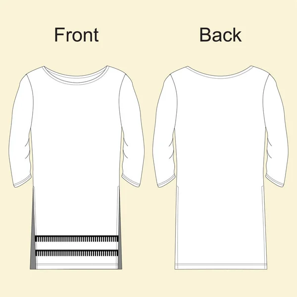 女性3四半期スリーブバックロング裾クルタフロントとバックビュー ファッションイラストベクトルCad技術図面平面図 — ストックベクタ