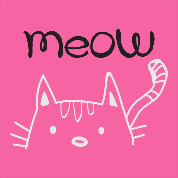 Handgezeichnete Katze Schaut Miauen Schriftzug Text Auf Nette Zeichentrickfigur Kawaii — Stockvektor