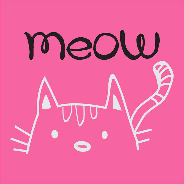 Hand drawn cat looking up to meow lettering text. Cute cartoon character. Kawaii animal. Love Greeting card. Flat design style. White background. Isolated. Vector