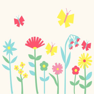 Yatay beyaz pankart ya da çiçeklerle süslenmiş çok renkli çiçek ve yapraklı arkaplan. Beyaz arkaplanda bahar botanik düz vektör çizimi