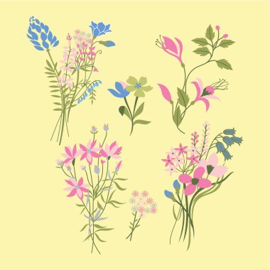 Collection of different medical herbs, wild flower or treatment plants in realistic, natural style. Botanical, decorative wildflowers. Flat vector hand drawn illustration isolated on white background clipart
