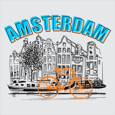 Vektör şehir geçmişi. Amsterdam poster tasarımı, Amsterdam. Kültürel ve gezi sembolleri. Vektör çizimi. Posterlere, hediyelik eşyalara, kitapçıklara ve tişörtlere basılabilir. Sanat 1