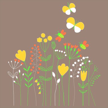 Yaban çiçekleri dekoratif kompozisyon ve basılı tişörtler ve kartlar için kelebekler 