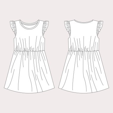 Bebek kızlar teknik tasarım düz çizim vektör illüstrasyon şablonu. Giyim kuşam Önde ve arkada alay edin. Çocuklar Moda Vektör Sanatı kolay düzenlenebilir.