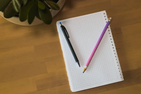 Cuaderno Con Bolígrafo Lápiz Sobre Mesa Madera Oficina Central Trabajando — Foto de Stock