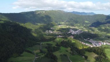 Aerial view of the San Miguel island green fields, Azores, Portugal. High quality 4k footage