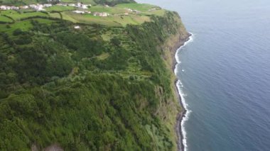 Aerial view of the San Miguel island green fields, Azores, Portugal. High quality 4k footage
