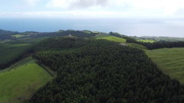 Aerial view of the San Miguel island green fields, Azores, Portugal. High quality 4k footage