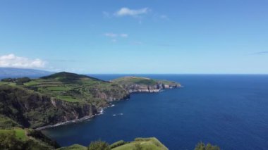 Natural coastline of Azores Islands. Lava rocks formation. Rocky Mountain landscape. Sao Miguel, Azores island.