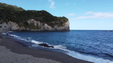 Aerial view of the Sao Miguel coast. Drone flight above the beach on Azores Islands