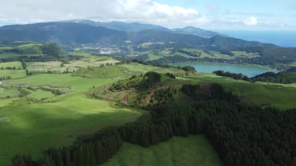 Aerial View San Miguel Island Green Fields Azores Portugal High — Vídeo de Stock