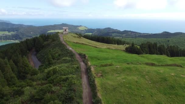 Aerial View San Miguel Island Green Fields Tower Azores Portugal — Vídeos de Stock