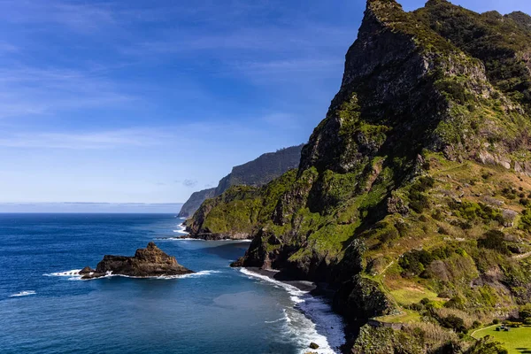 stock image Captivating view of towering cliffs in Madeira, Portugal. Awe-inspiring natural wonder