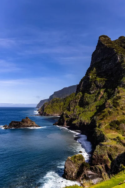 stock image Captivating view of towering cliffs in Madeira, Portugal. Awe-inspiring natural wonder