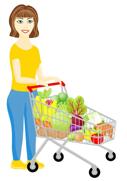 Mulher Segurando Carrinho Compras Com Legumes — Fotografia de Stock