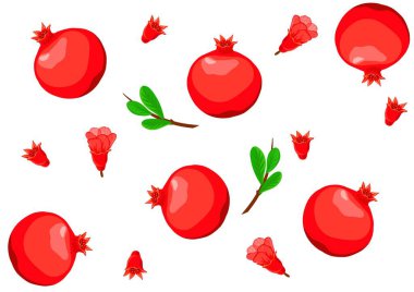 Beyaz zemin üzerinde kırmızı parlak yakutlar, çiçekler ve yapraklarla arka plan 