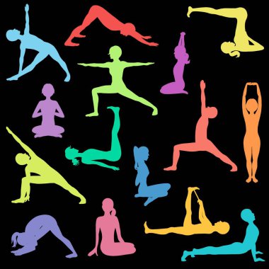 Genç ve çok renkli erkekler ve kadınlar siyah arka planda yoga pozisyonlarında kalırlar. 
