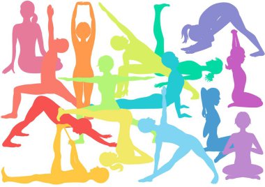 Genç ve çok renkli erkekler ve kadınlar beyaz arka planda yoga pozisyonlarında kalırlar. 