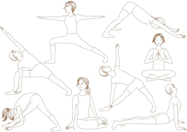 Linear illustration of men and women in yoga positions. Brown pencil line male and female figures.