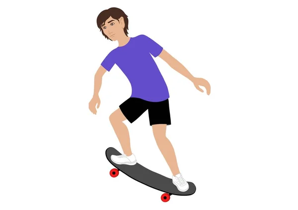 Jonge Sportieve Man Gaat Skateboard Blauw Shirt Zwarte Shorts — Stockfoto