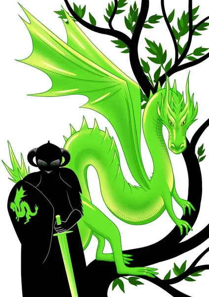Green Dragon Black Three Knight Sword Shield — Stock Photo, Image