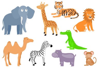 Birçok vahşi Afrika hayvan çizimleri. Arkadaş canlısı hayvanat bahçesi.